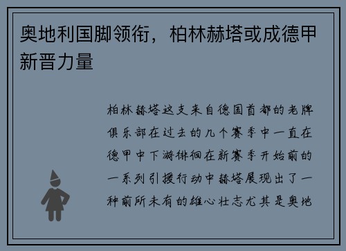 奥地利国脚领衔，柏林赫塔或成德甲新晋力量