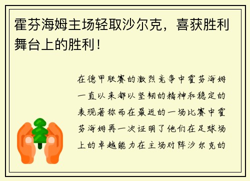 霍芬海姆主场轻取沙尔克，喜获胜利舞台上的胜利！